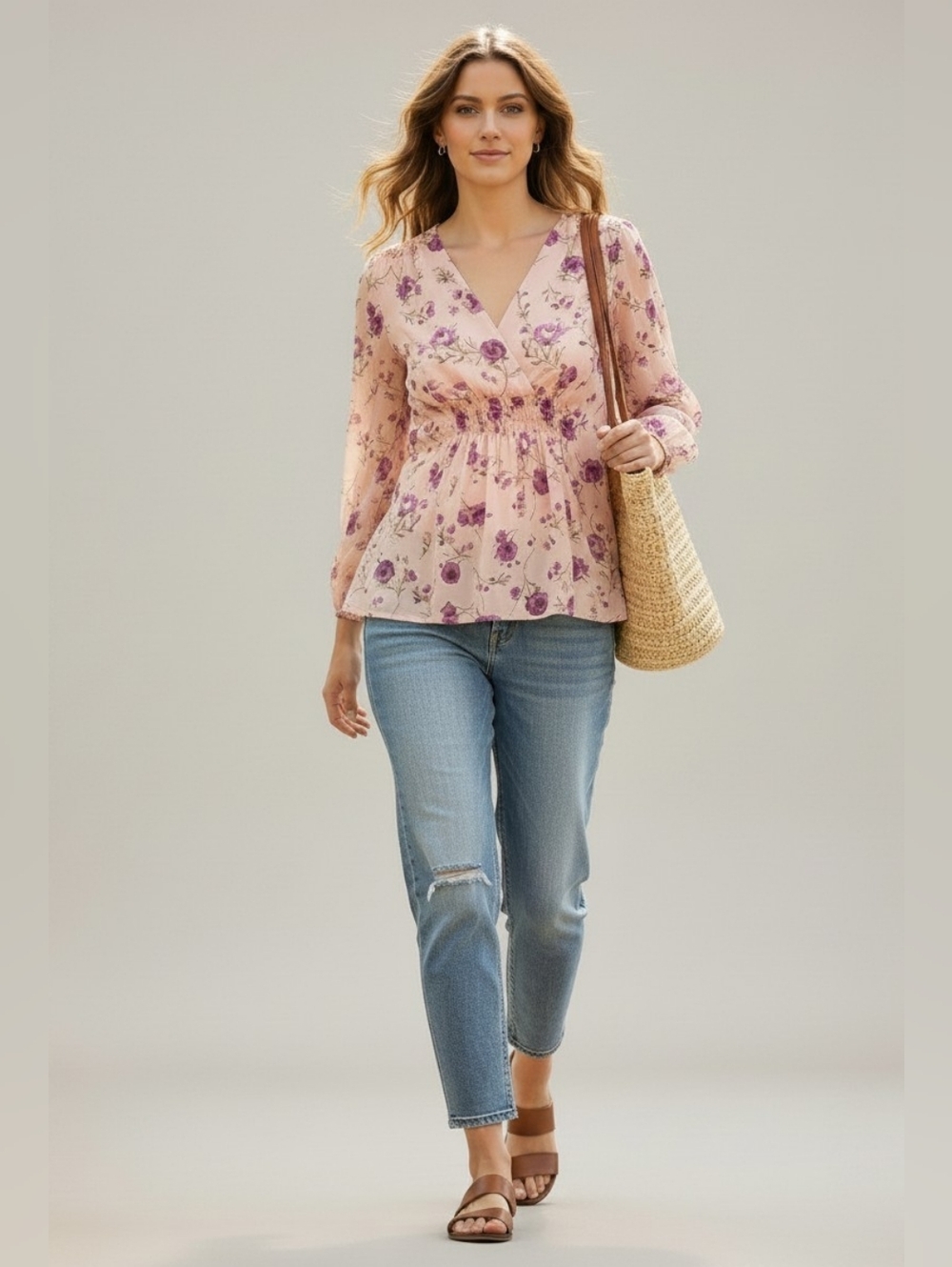 Halogen Blush Pink Floral Babydoll Top Small Peplum Chiffon Romantic Cottagecore